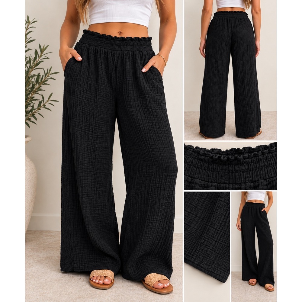 Shade & Shore Black Gauze Wide Leg Paperbag Waist Pants Womens Size Medium